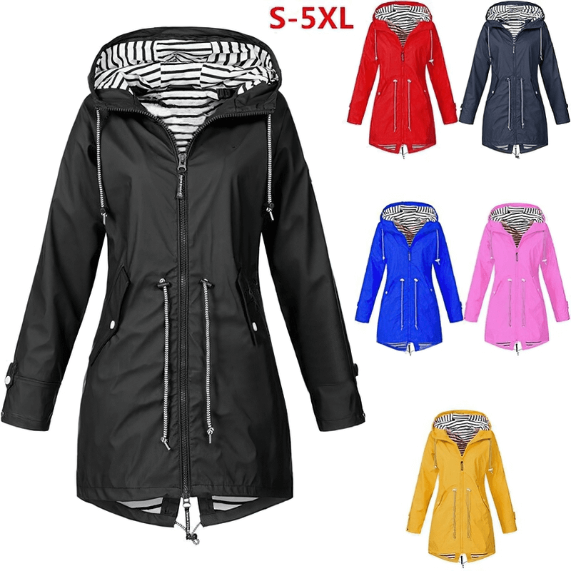 Waterproof hooded rain jacket SF0078 in various colors, S-5XL sizes; lightweight and windproof outdoor coat with hood and pockets.